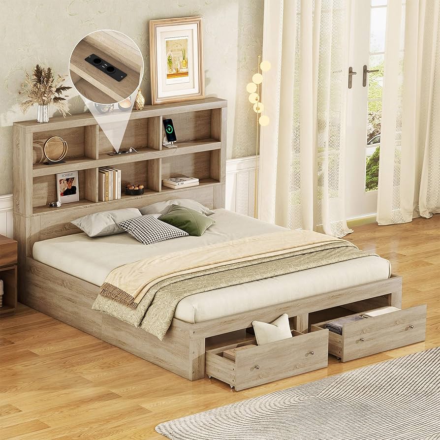 Bed 160 x 200 cm with Slatted Frame and Two Drawers, Bed
